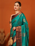 Rama Green Banarasi Silk Saree with Antique Copper Zari Circular Buttas & Deep Coffee Brown Woven Pallu