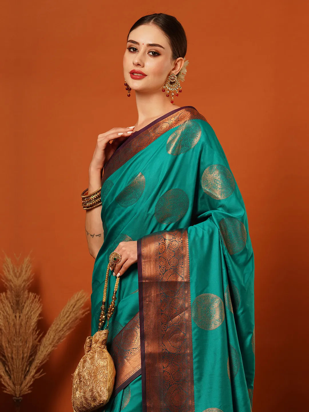 Rama Green Banarasi Silk Saree with Antique Copper Zari Circular Buttas & Deep Coffee Brown Woven Pallu