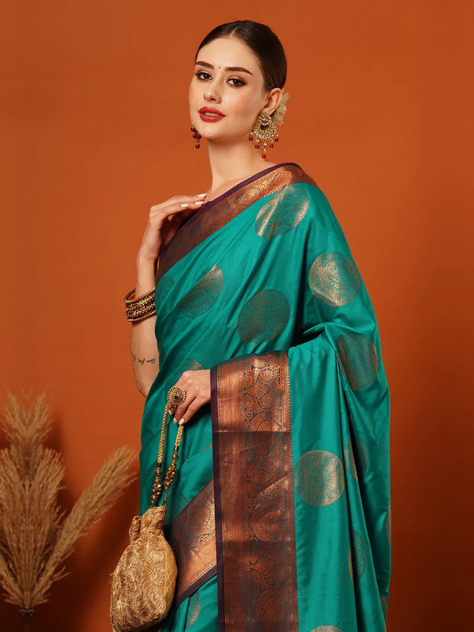 Rama Green Banarasi Silk Saree with Antique Copper Zari Circular Buttas & Deep Coffee Brown Woven Pallu