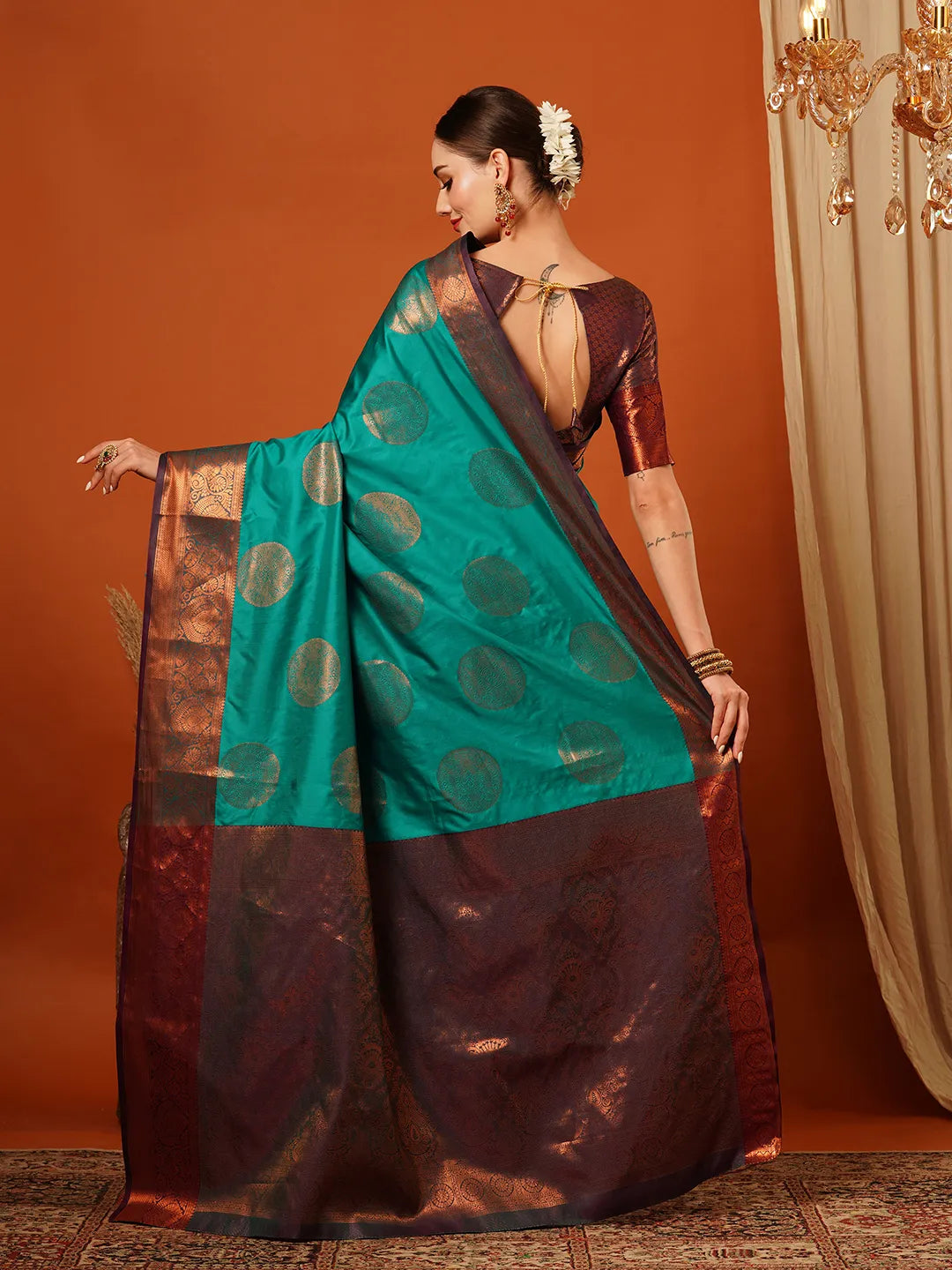 Rama Green Banarasi Silk Saree with Antique Copper Zari Circular Buttas & Deep Coffee Brown Woven Pallu