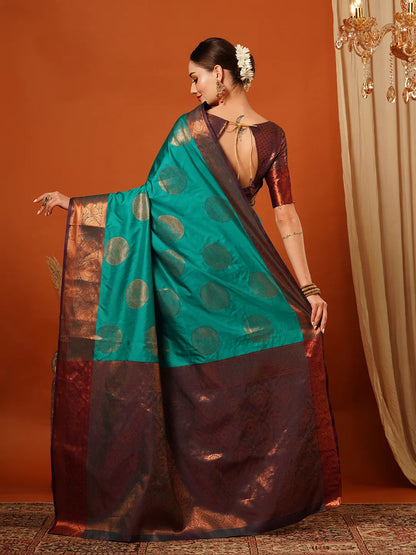 Rama Green Banarasi Silk Saree with Antique Copper Zari Circular Buttas & Deep Coffee Brown Woven Pallu