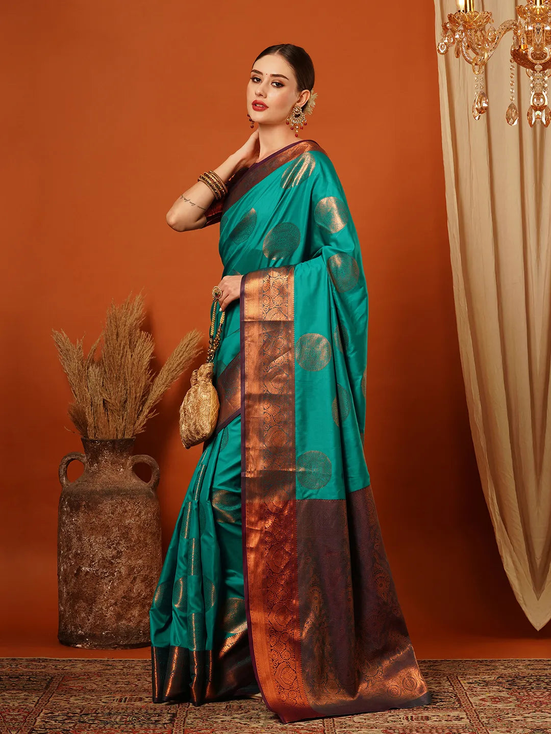 Rama Green Banarasi Silk Saree with Antique Copper Zari Circular Buttas & Deep Coffee Brown Woven Pallu