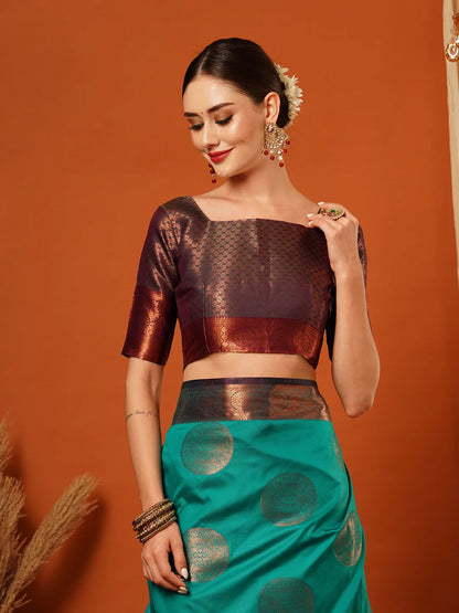 Rama Green Banarasi Silk Saree with Antique Copper Zari Circular Buttas & Deep Coffee Brown Woven Pallu