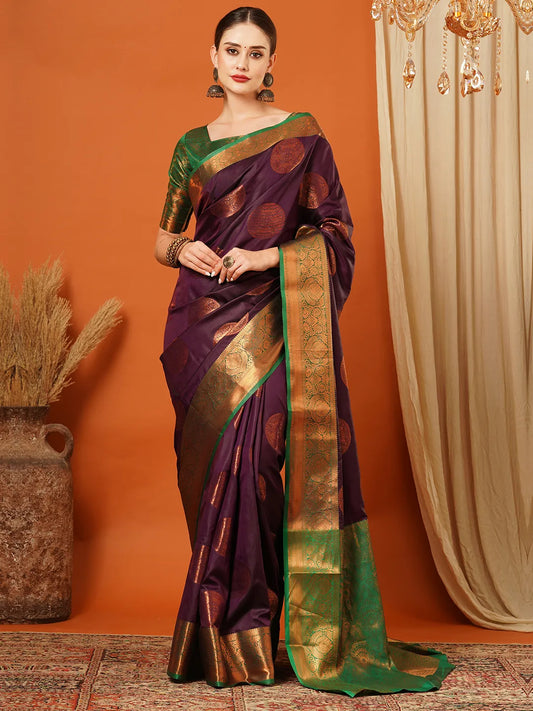 Wine Purple Banarasi Silk Saree with Antique Copper Zari Circular Buttas & Emerald Green Woven Pallu