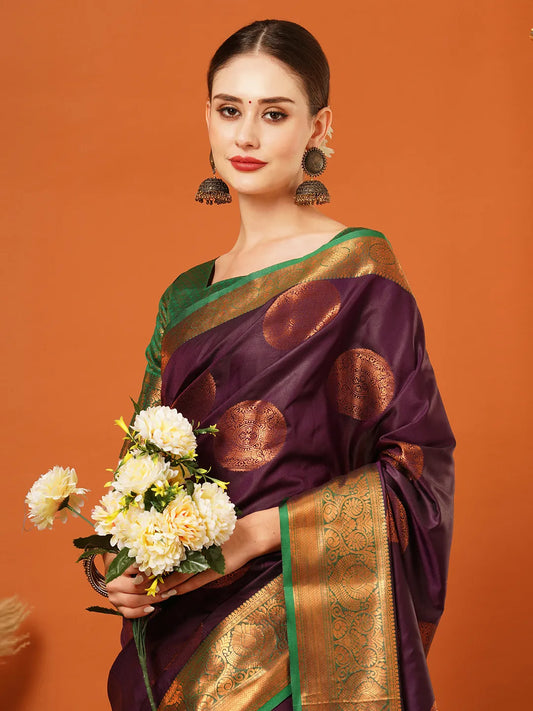 Wine Purple Banarasi Silk Saree with Antique Copper Zari Circular Buttas & Emerald Green Woven Pallu