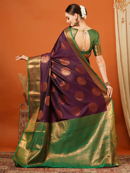 Wine Purple Banarasi Silk Saree with Antique Copper Zari Circular Buttas & Emerald Green Woven Pallu