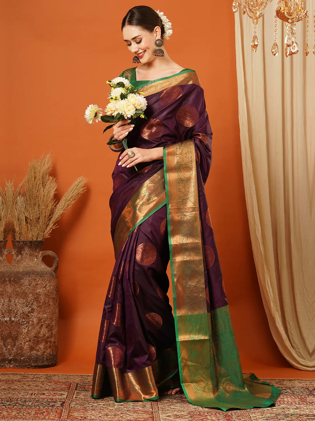 Wine Purple Banarasi Silk Saree with Antique Copper Zari Circular Buttas & Emerald Green Woven Pallu