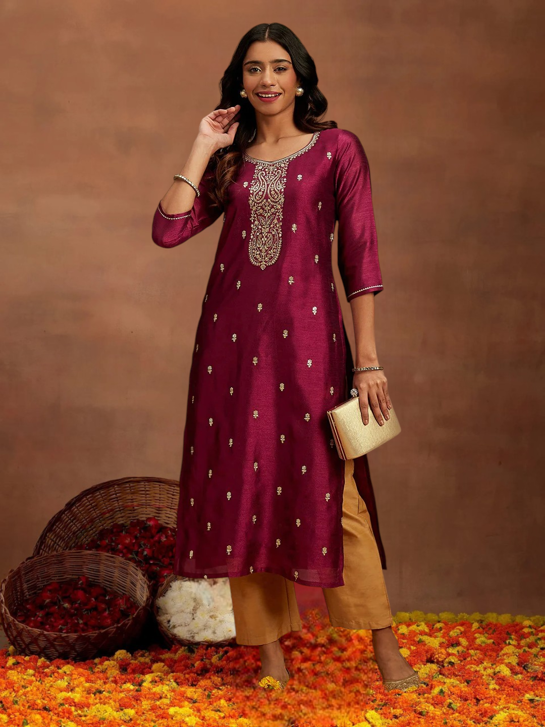Purple Gold Embroidered Silk Straight Kurti