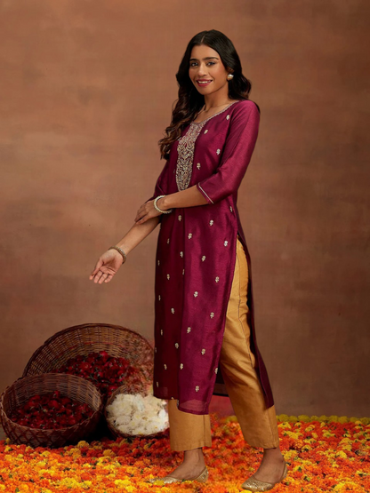 Purple Gold Embroidered Silk Straight Kurti