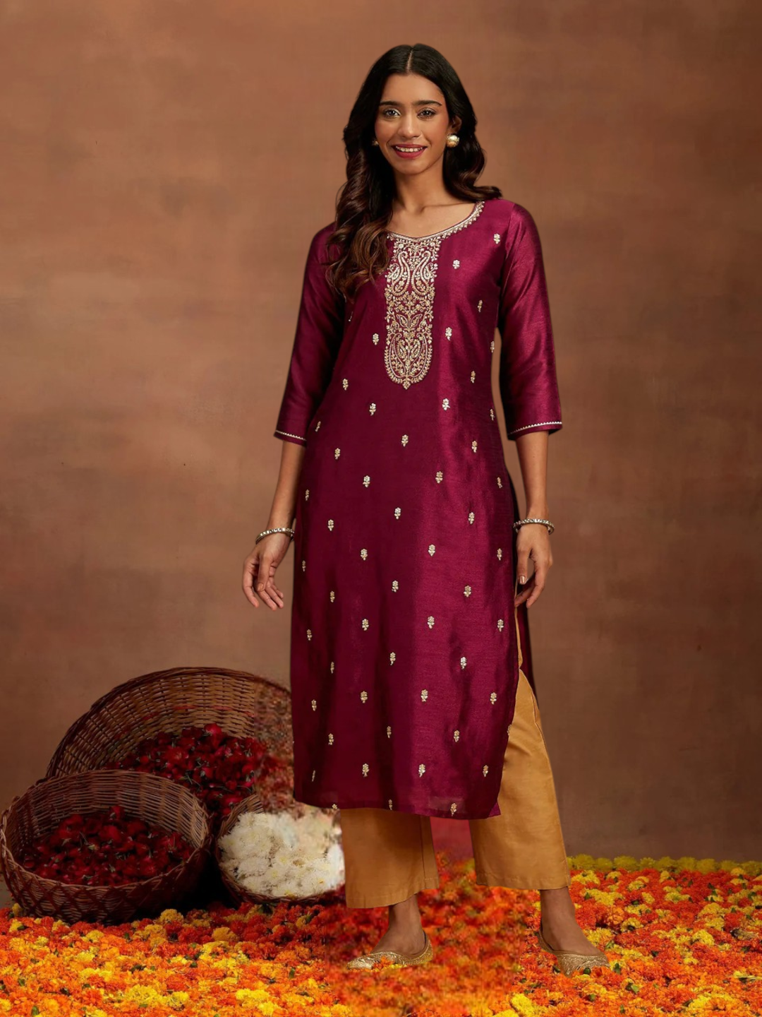 Purple Gold Embroidered Silk Straight Kurti