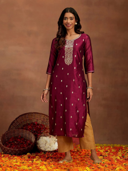 Purple Gold Embroidered Silk Straight Kurti