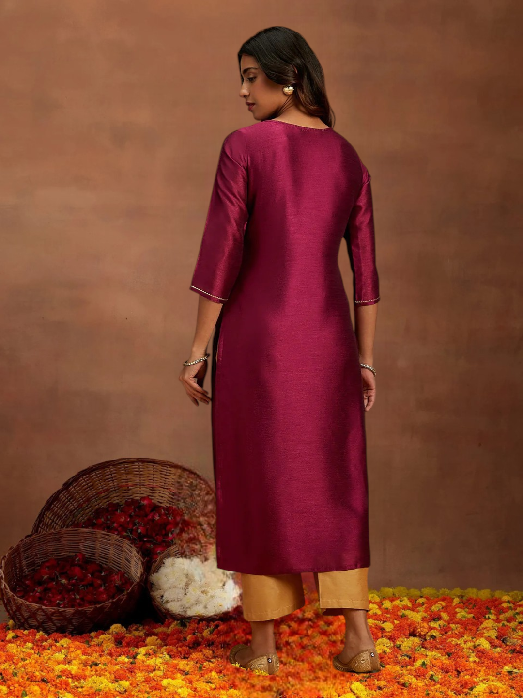 Purple Gold Embroidered Silk Straight Kurti