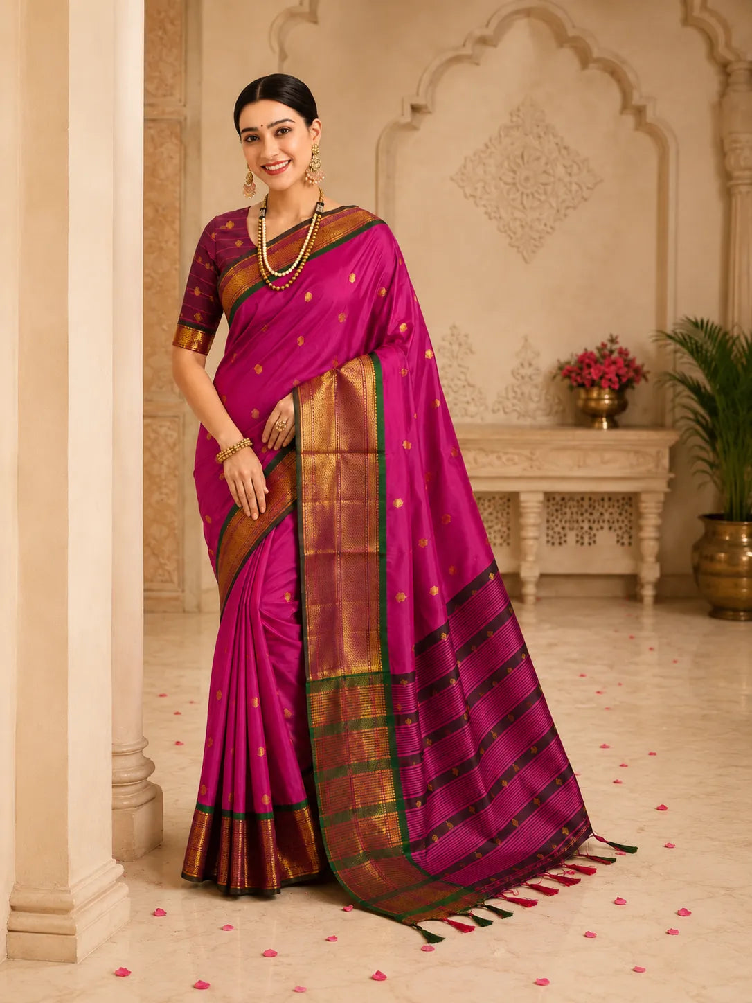 Rani Pink Cotton Silk Saree with Green Zari Border & Contrast Brown Blouse