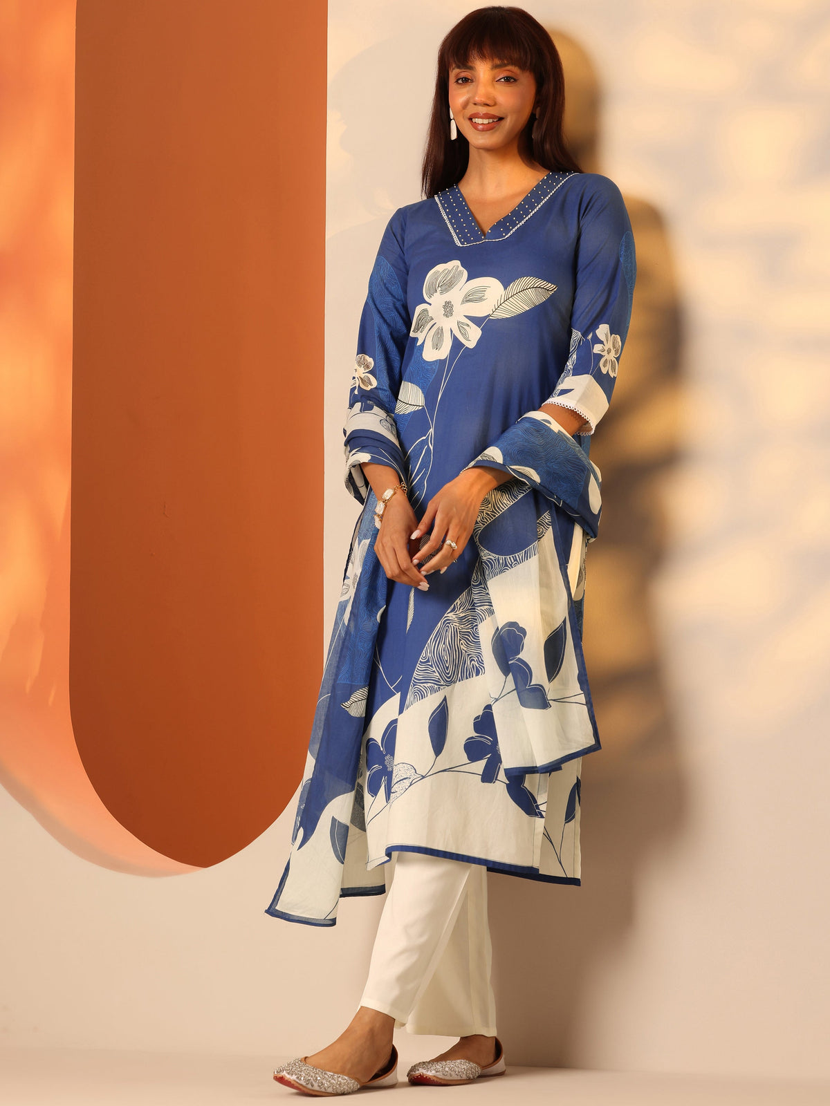 Blue Floral Printed Cotton A-Line Kurta Set with Dupatta
