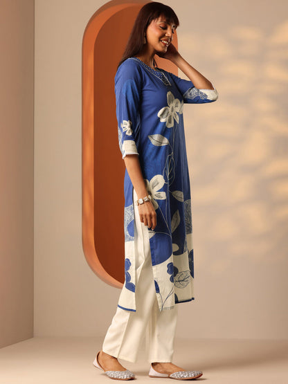 Blue Floral Printed Cotton A-Line Kurta Set with Dupatta