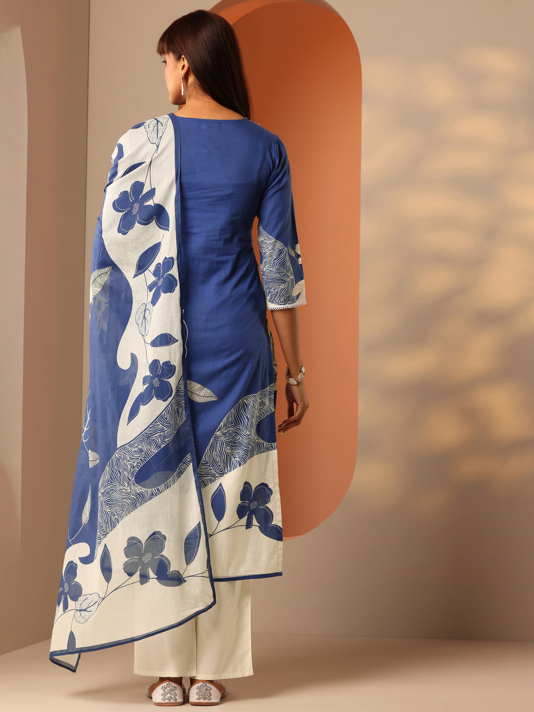 Blue Floral Printed Cotton A-Line Kurta Set with Dupatta