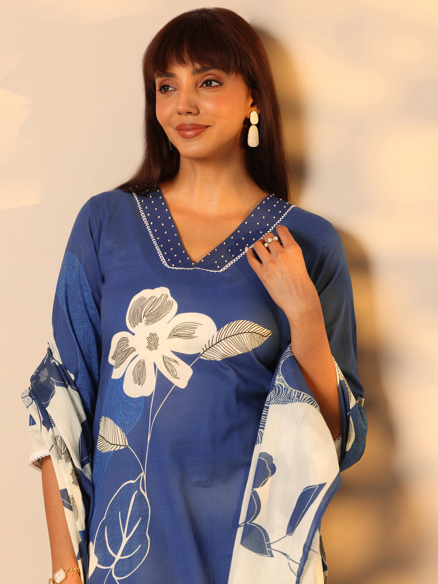 Blue Floral Printed Cotton A-Line Kurta Set with Dupatta