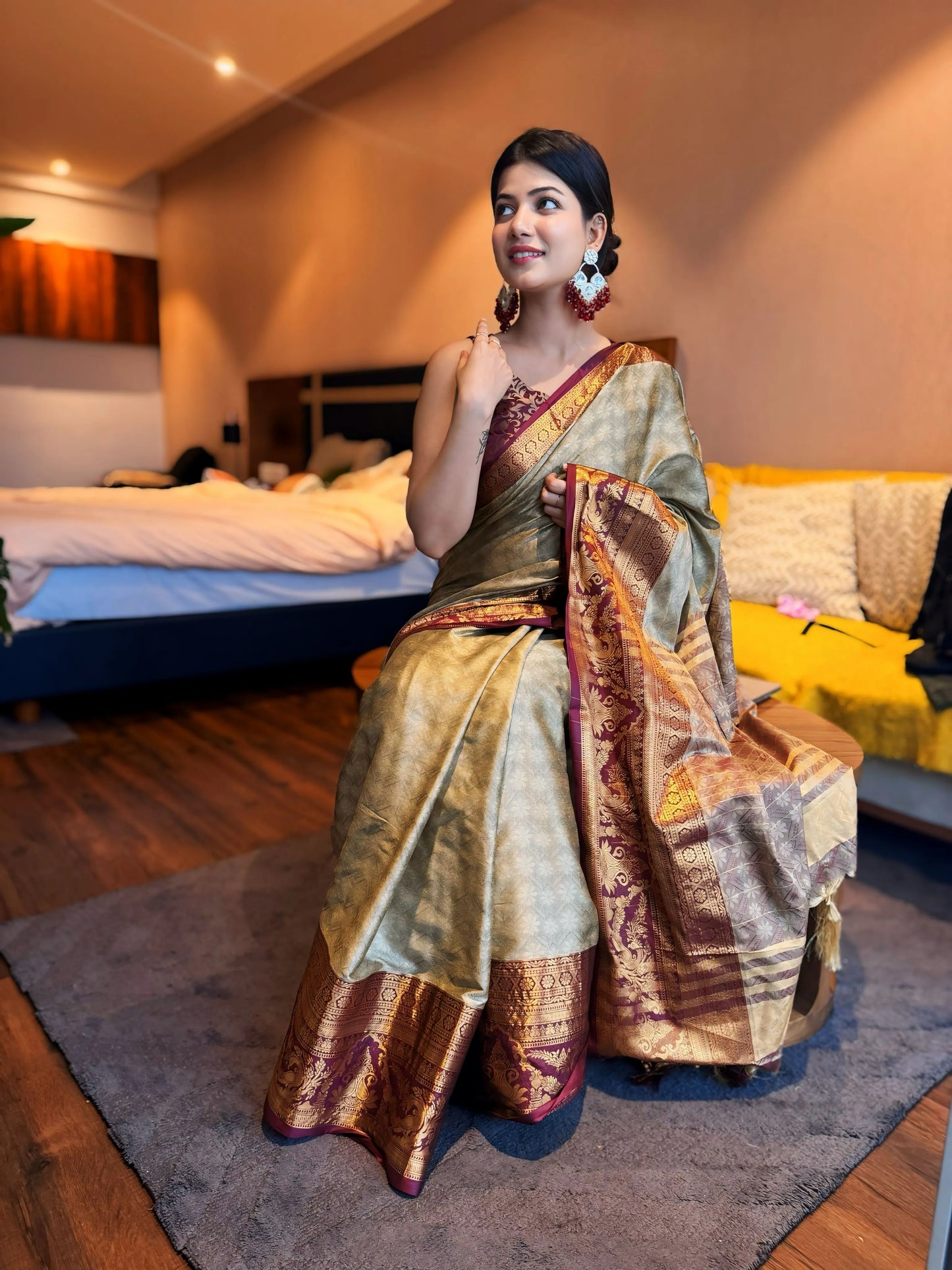 Chiku Gold Kanjivaram Silk Saree with Wine Zari Border & Peacock Motifs