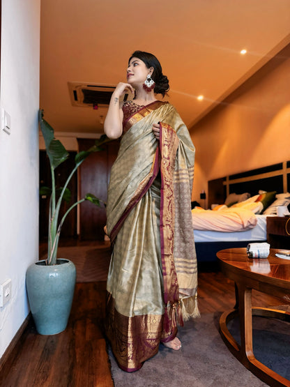 Chiku Gold Kanjivaram Silk Saree with Wine Zari Border & Peacock Motifs