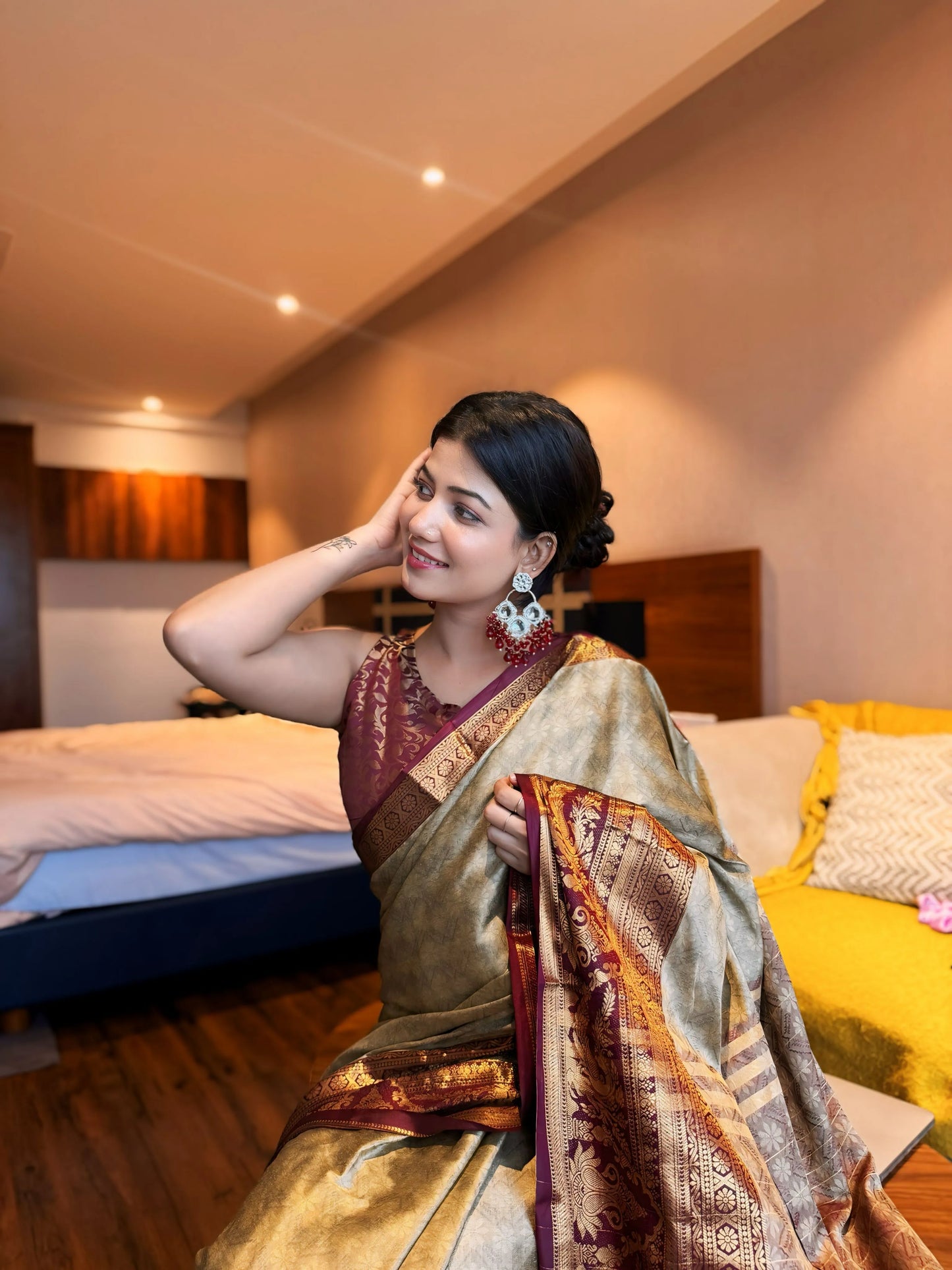 Chiku Gold Kanjivaram Silk Saree with Wine Zari Border & Peacock Motifs