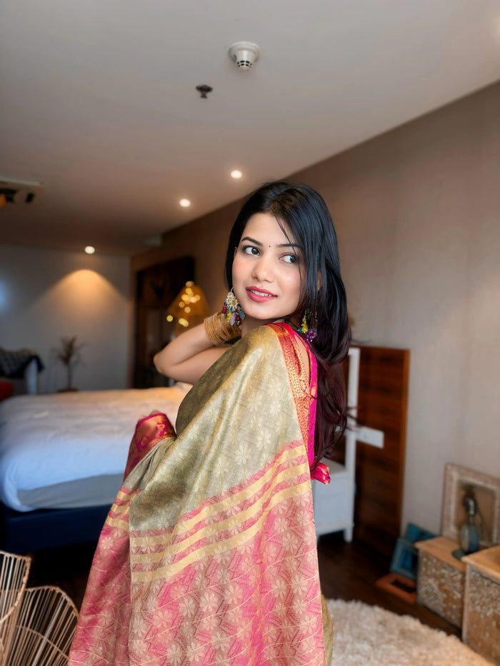 Chiku Gold Kanjivaram Silk Saree with Magenta Zari Border & Peacock Motifs