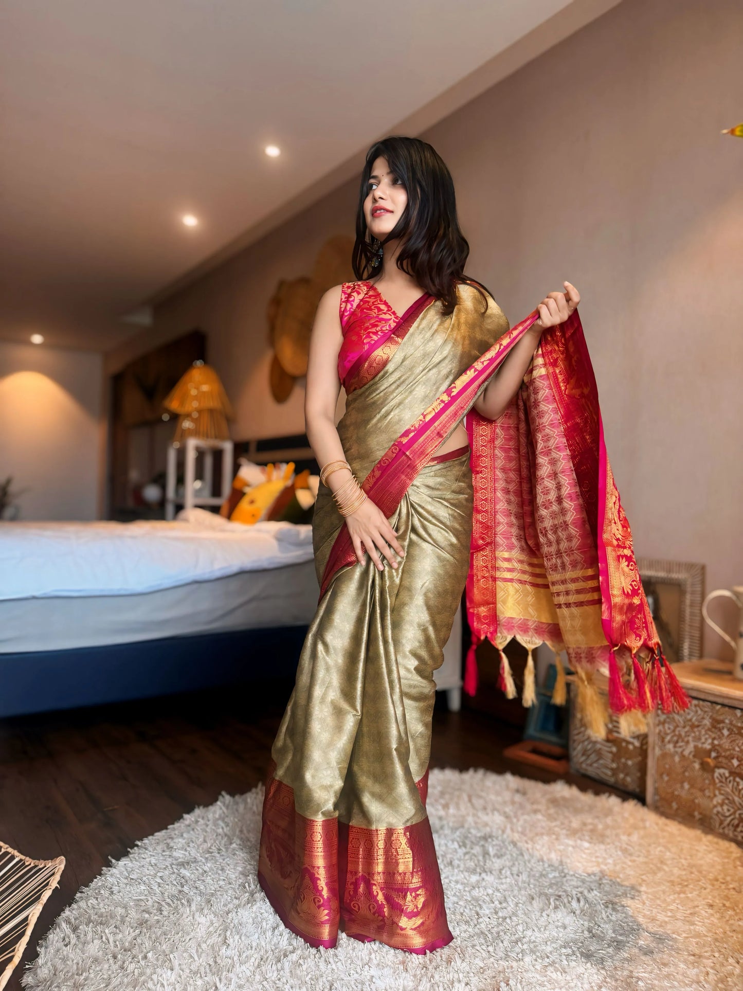 Chiku Gold Kanjivaram Silk Saree with Magenta Zari Border & Peacock Motifs