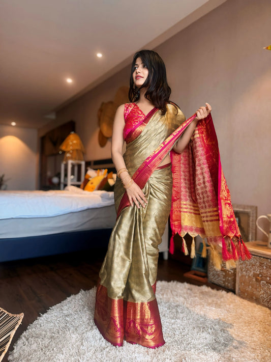 Chiku Gold Kanjivaram Silk Saree with Magenta Zari Border & Peacock Motifs