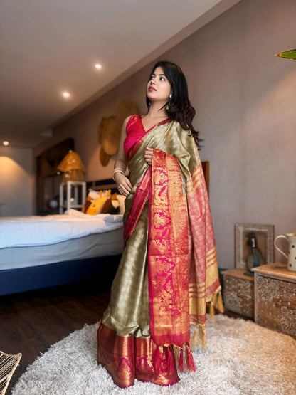 Chiku Gold Kanjivaram Silk Saree with Magenta Zari Border & Peacock Motifs