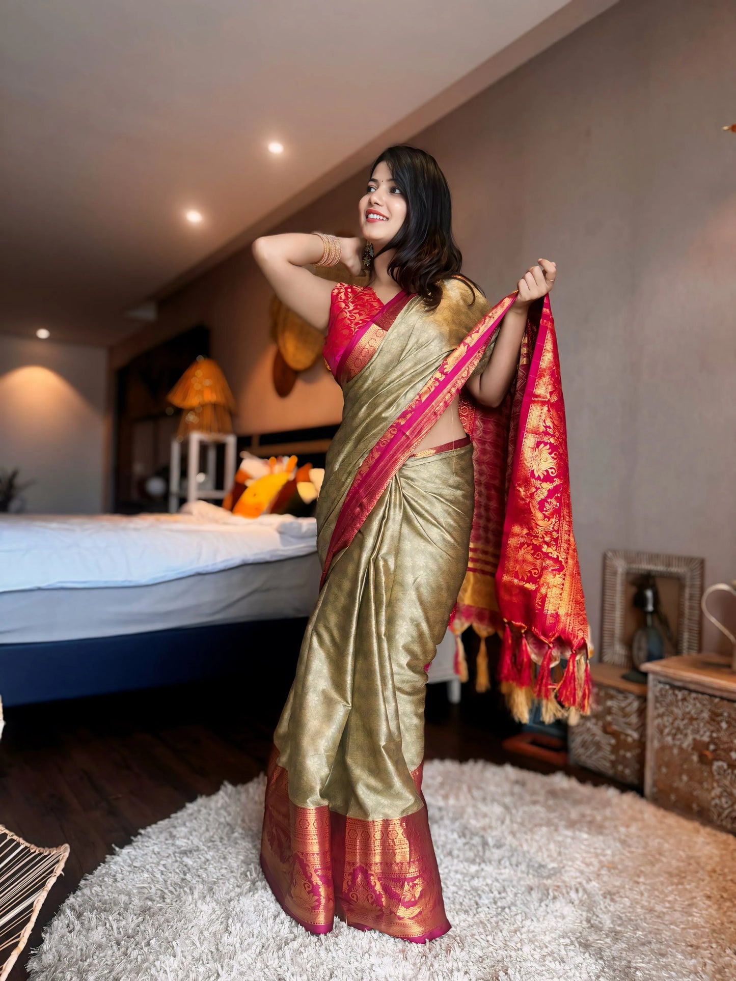 Chiku Gold Kanjivaram Silk Saree with Magenta Zari Border & Peacock Motifs