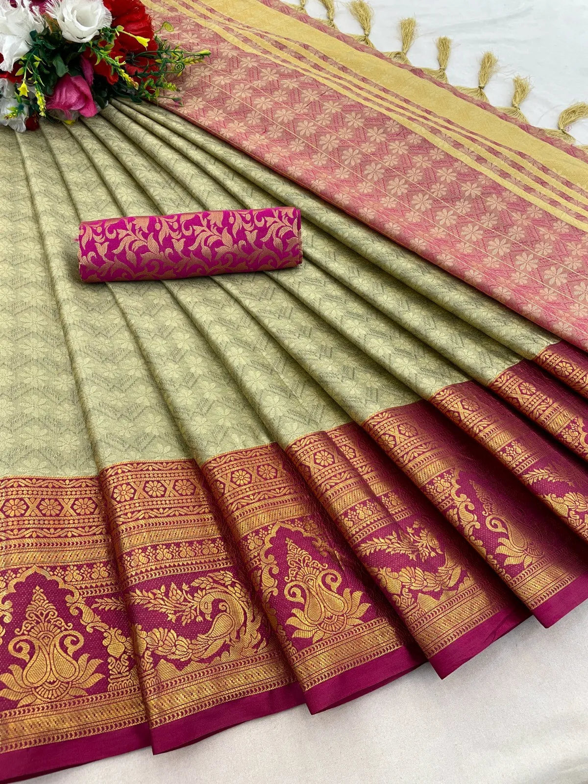 Chiku Gold Kanjivaram Silk Saree with Magenta Zari Border & Peacock Motifs