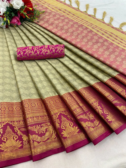 Chiku Gold Kanjivaram Silk Saree with Magenta Zari Border & Peacock Motifs