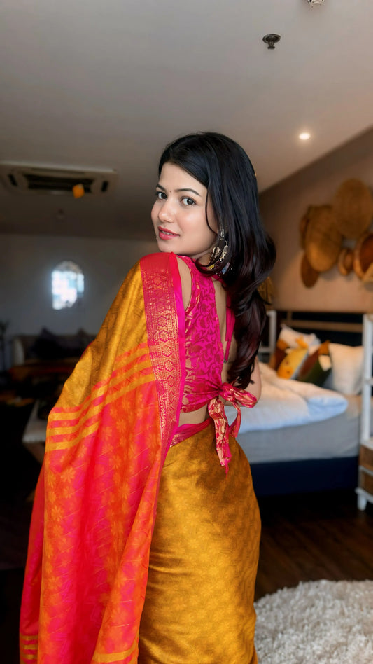 Mustard Gold Kanjivaram Silk Saree with Rani Pink Peacock Border & Rich Woven Pallu