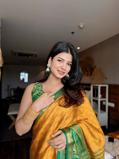 Mustard Yellow Kanjivaram Silk Saree with Emerald Green Peacock Border & Grand Woven Pallu