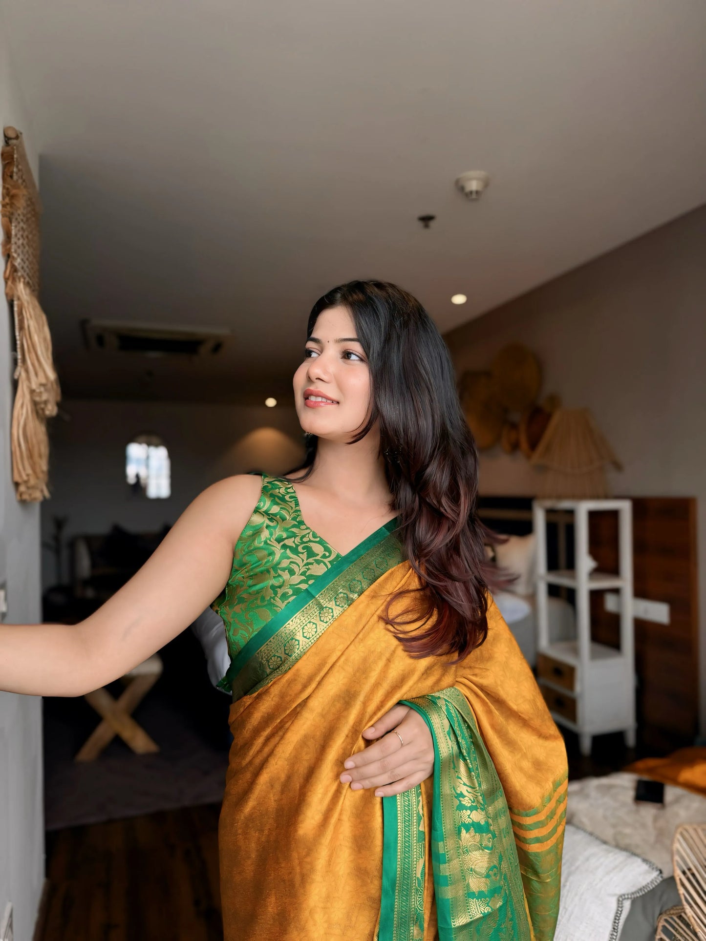 Mustard Yellow Kanjivaram Silk Saree with Emerald Green Peacock Border & Grand Woven Pallu
