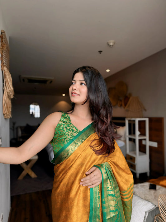 Mustard Yellow Kanjivaram Silk Saree with Emerald Green Peacock Border & Grand Woven Pallu