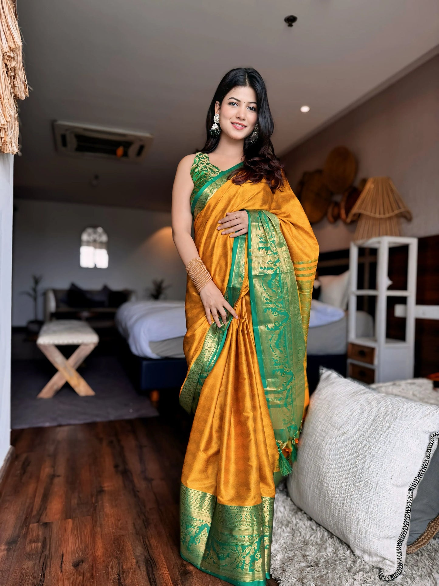 Mustard Yellow Kanjivaram Silk Saree with Emerald Green Peacock Border & Grand Woven Pallu