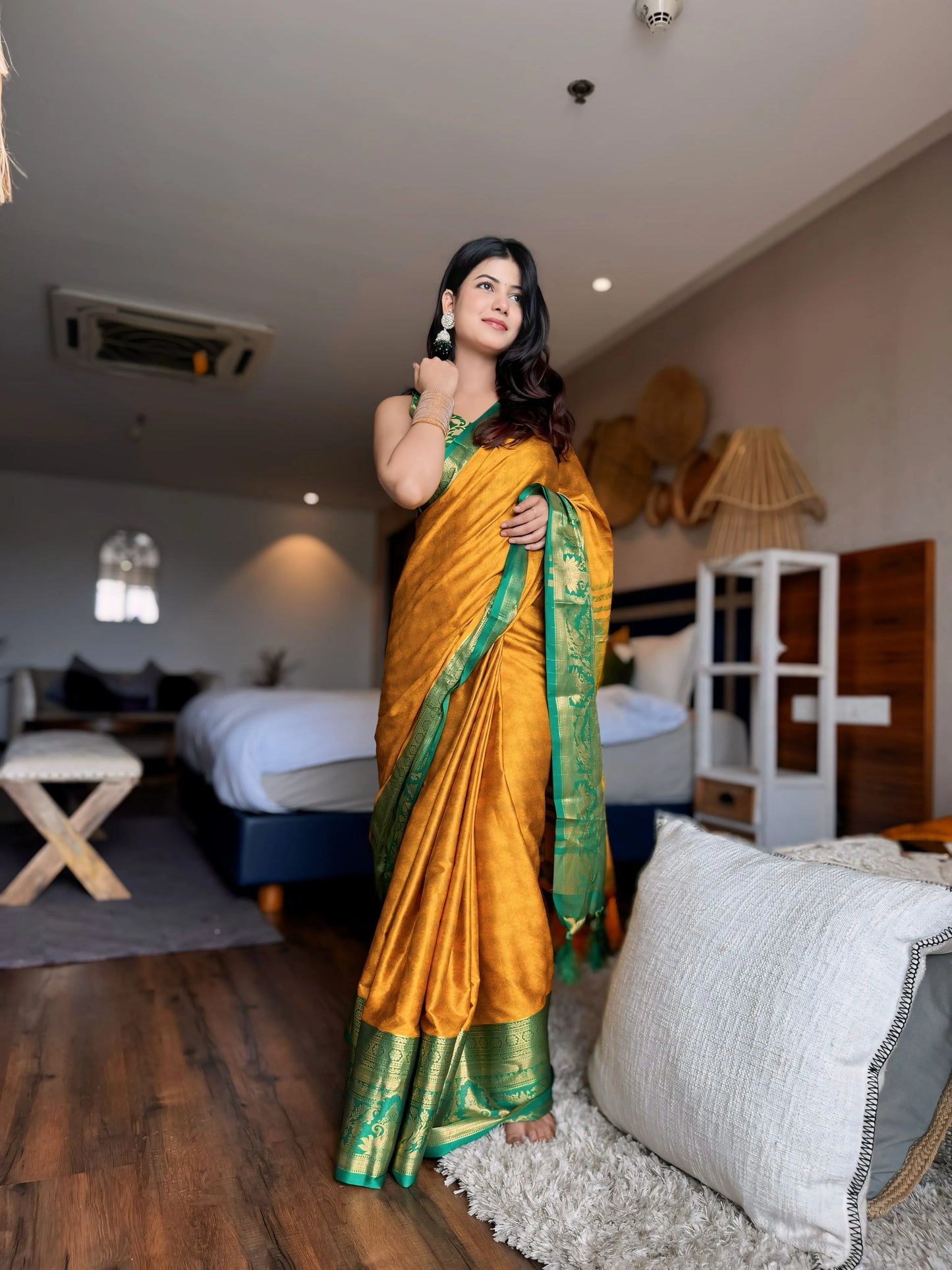 Mustard Yellow Kanjivaram Silk Saree with Emerald Green Peacock Border & Grand Woven Pallu