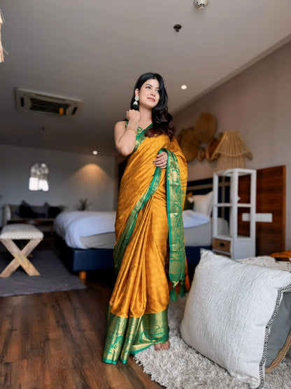 Mustard Yellow Kanjivaram Silk Saree with Emerald Green Peacock Border & Grand Woven Pallu