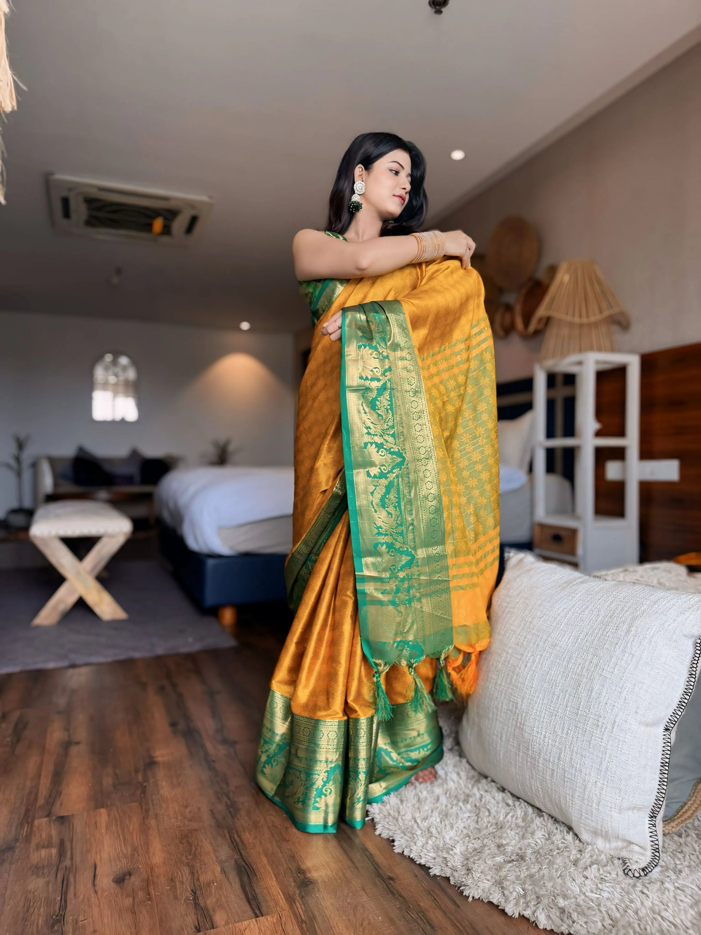 Mustard Yellow Kanjivaram Silk Saree with Emerald Green Peacock Border & Grand Woven Pallu