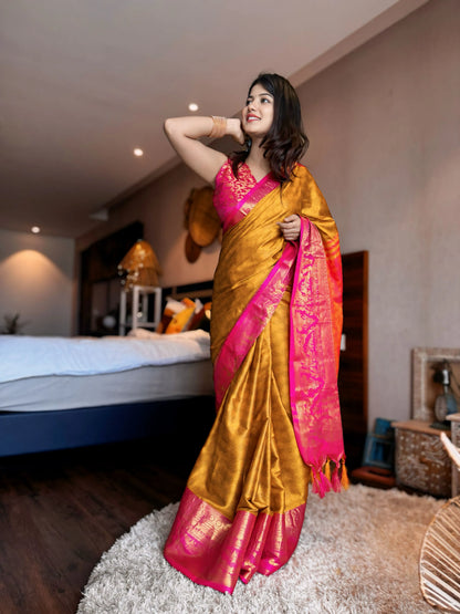 Mustard Gold Kanjivaram Silk Saree with Rani Pink Peacock Border & Rich Woven Pallu
