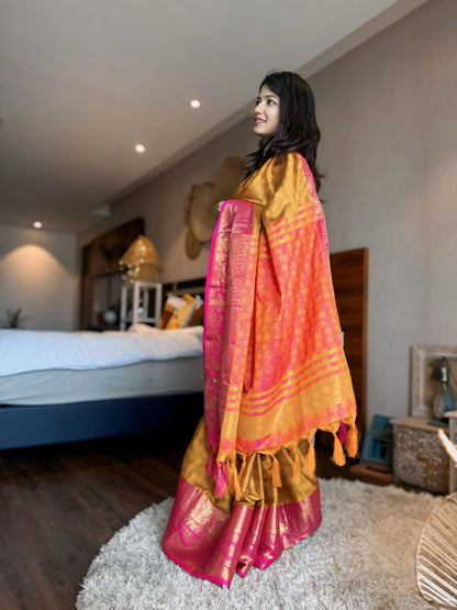 Mustard Gold Kanjivaram Silk Saree with Rani Pink Peacock Border & Rich Woven Pallu