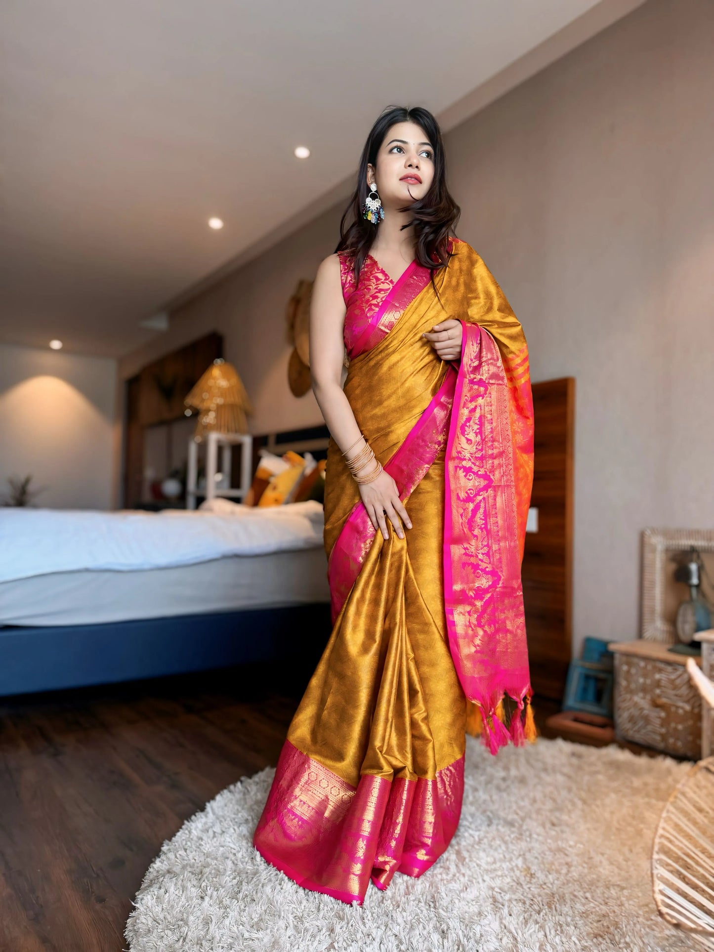 Mustard Gold Kanjivaram Silk Saree with Rani Pink Peacock Border & Rich Woven Pallu