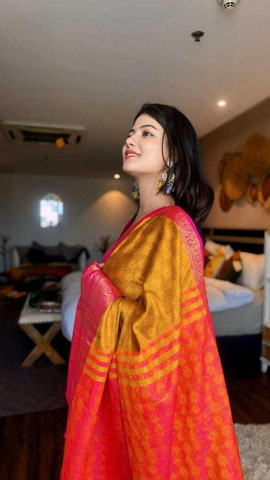 Mustard Gold Kanjivaram Silk Saree with Rani Pink Peacock Border & Rich Woven Pallu