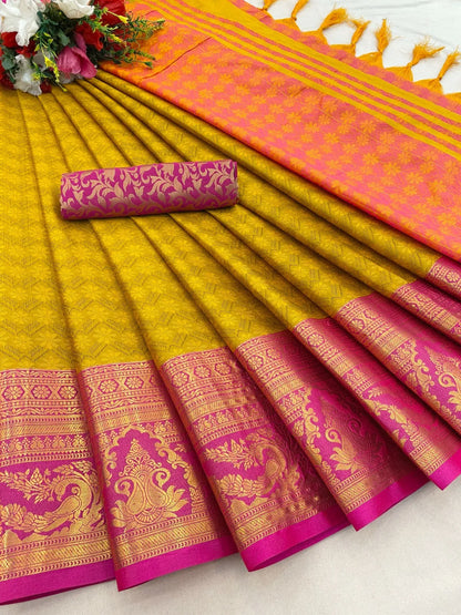 Mustard Gold Kanjivaram Silk Saree with Rani Pink Peacock Border & Rich Woven Pallu