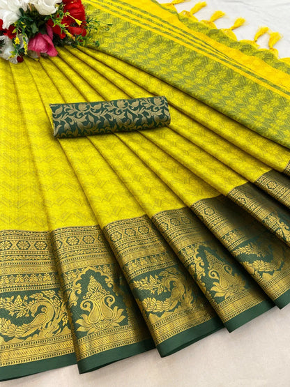 Lemon Yellow Kanjivaram Silk Saree with Bottle Green Peacock Border & Rich Zari Pallu