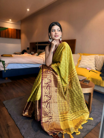 Lemon Wine Kanjivaram Silk Saree with Wine Peacock Border & Heritage Zari Pallu