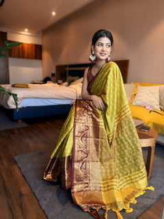 Lemon Wine Kanjivaram Silk Saree with Wine Peacock Border & Heritage Zari Pallu