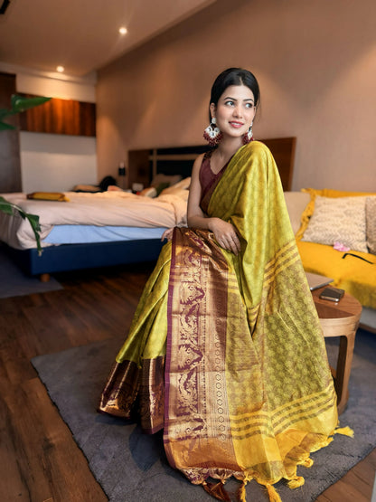 Lemon Wine Kanjivaram Silk Saree with Wine Peacock Border & Heritage Zari Pallu