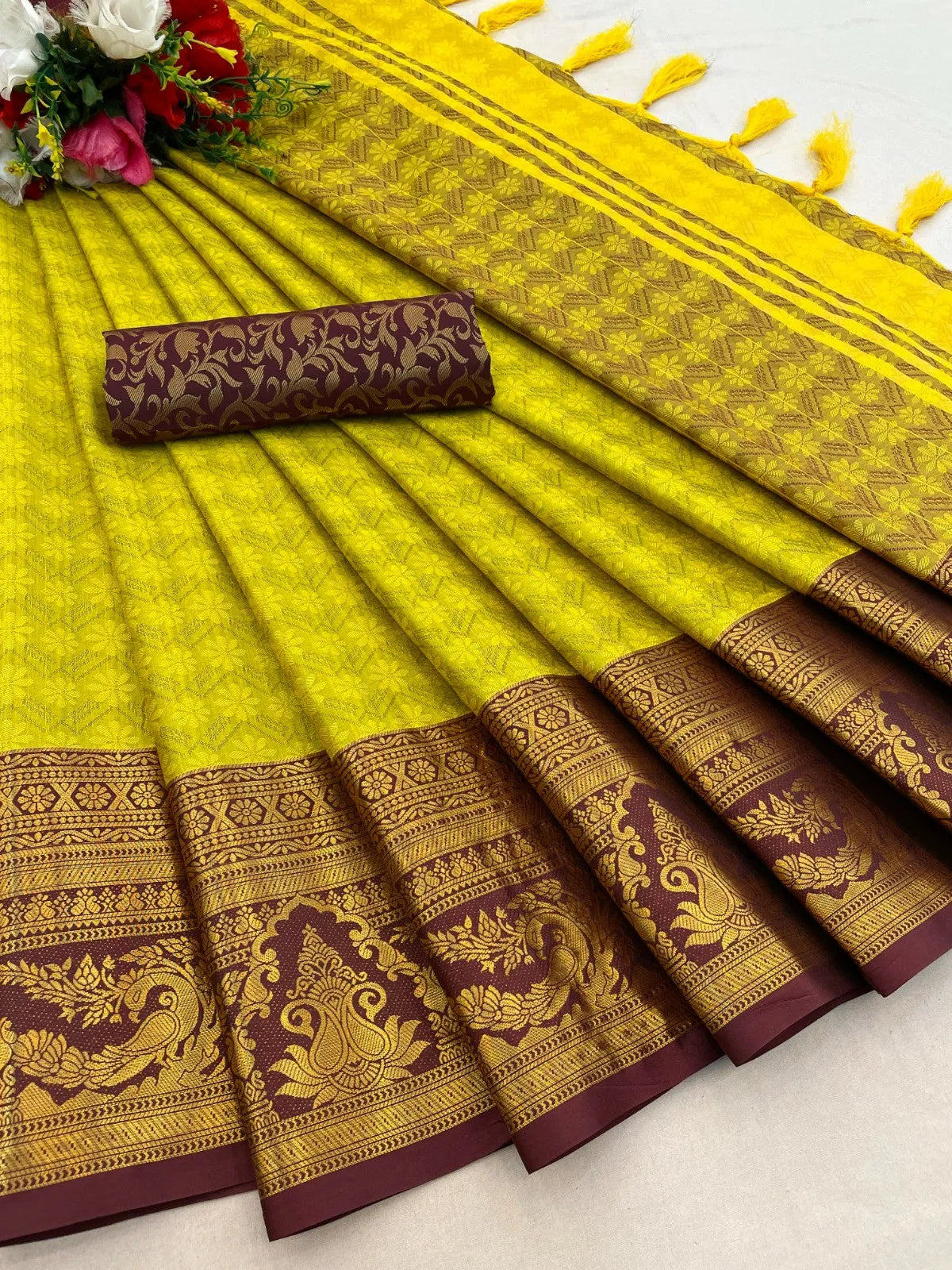 Lemon Wine Kanjivaram Silk Saree with Wine Peacock Border & Heritage Zari Pallu