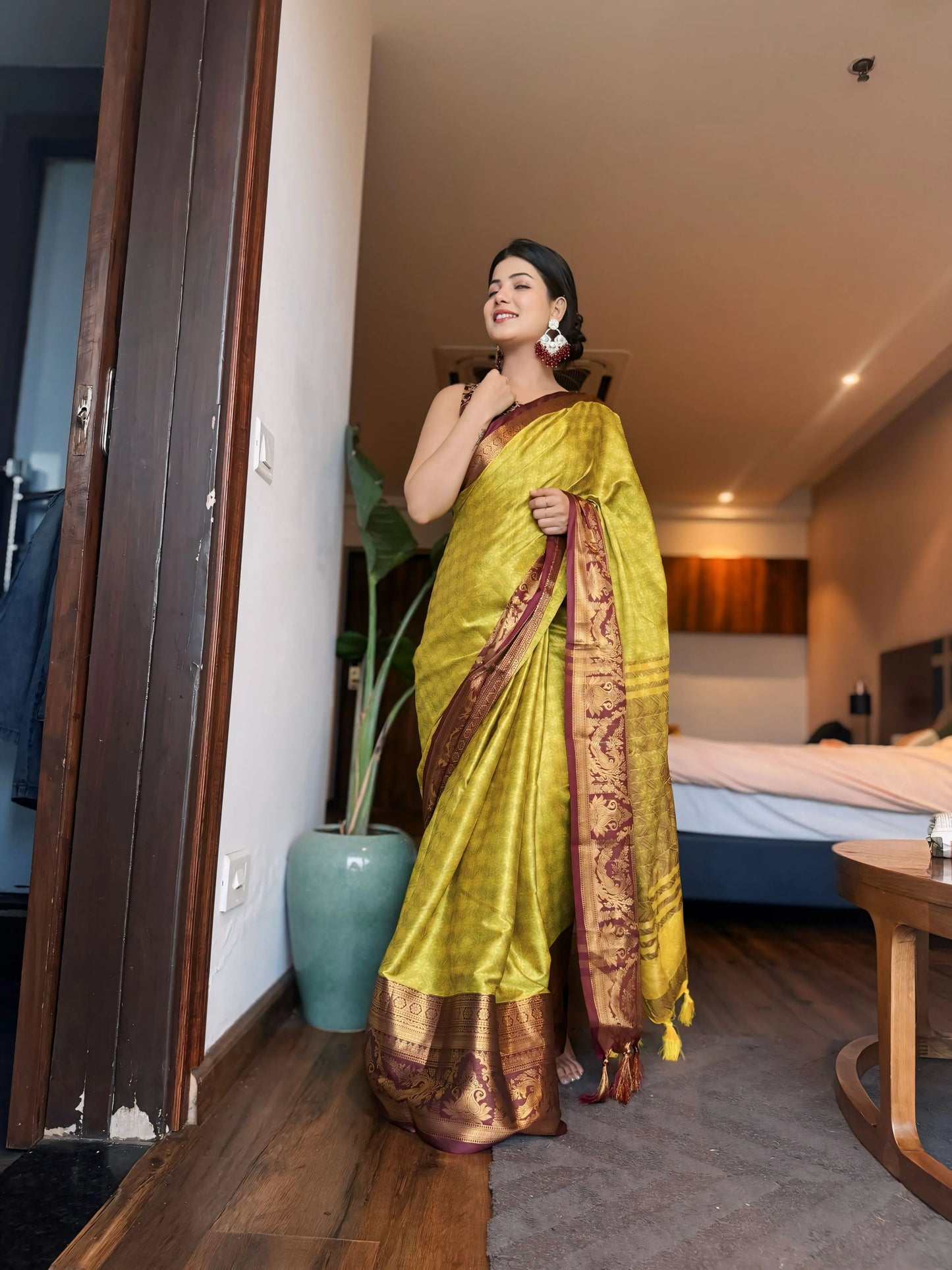 Lemon Wine Kanjivaram Silk Saree with Wine Peacock Border & Heritage Zari Pallu
